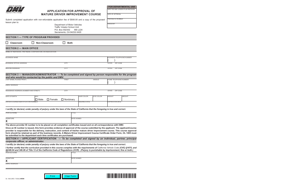 Form OL1002 Application for Approval of Mature Driver Improvement Course - California, Page 1