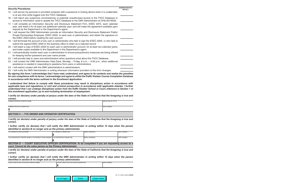 Form OL771 Enrollment Application - Tvs / Court Primary Administrator Traffic Violator Course Completion Database - California, Page 2