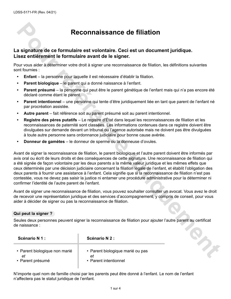 Form LDSS-5171 Acknowledgment of Parentage - New York (French), Page 1