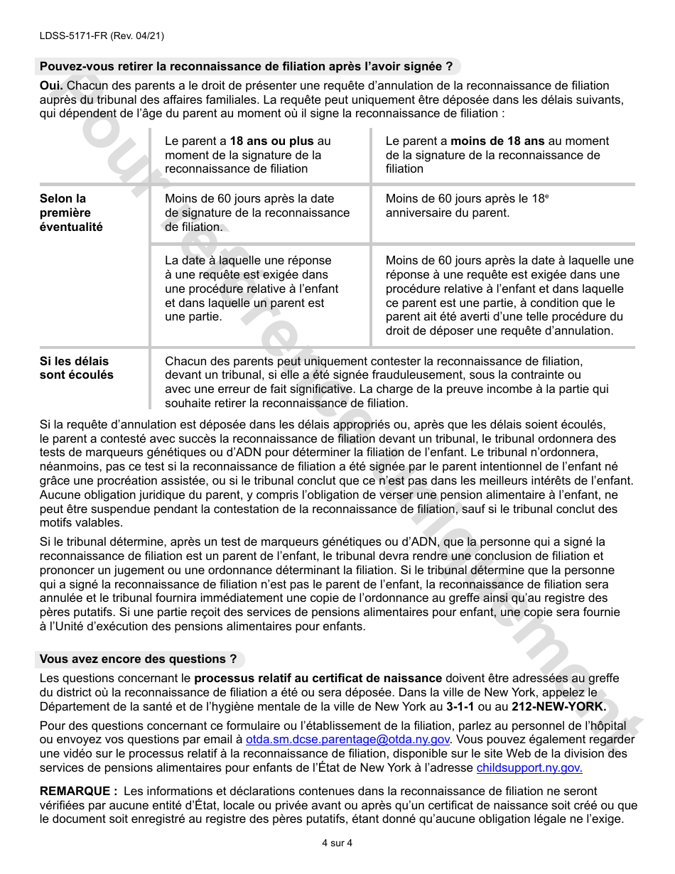 Form LDSS-5171 Acknowledgment of Parentage - New York (French), Page 4