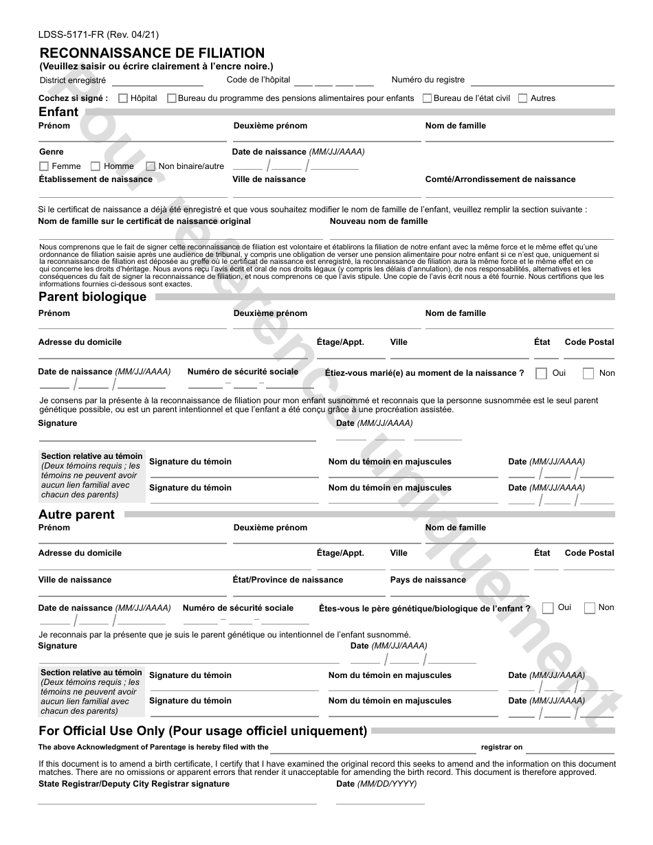 Form LDSS-5171 Acknowledgment of Parentage - New York (French), Page 5