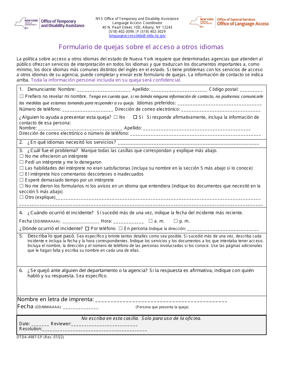 Formulario OTDA-4987 Formulario De Quejas Sobre El Acceso a Otros Idiomas - New York (Spanish), Page 1