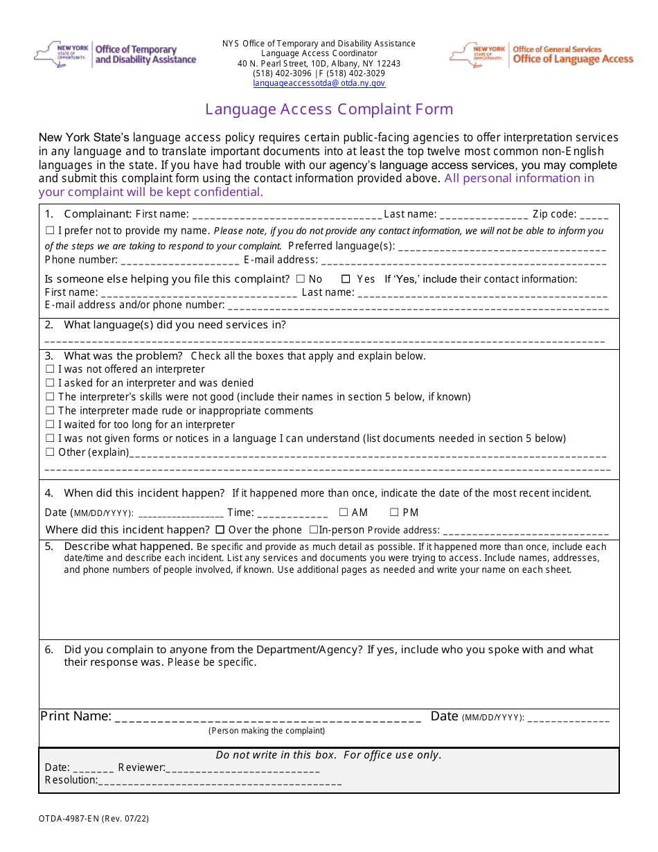 Form OTDA-4987 Language Access Complaint Form - New York, Page 1
