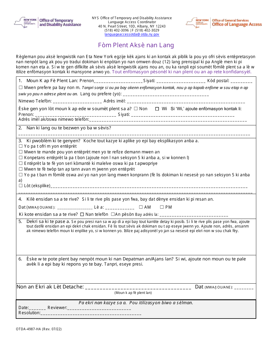 Form OTDA-4987-HA Download Printable PDF or Fill Online Language Access ...
