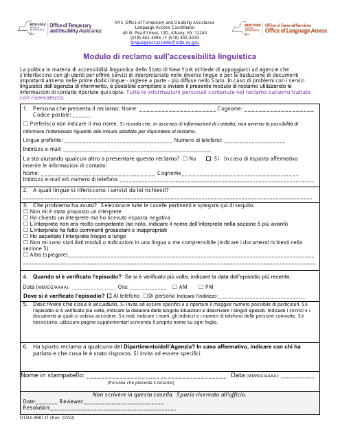Form OTDA-4987-IT Language Access Complaint Form - New York (Italian)