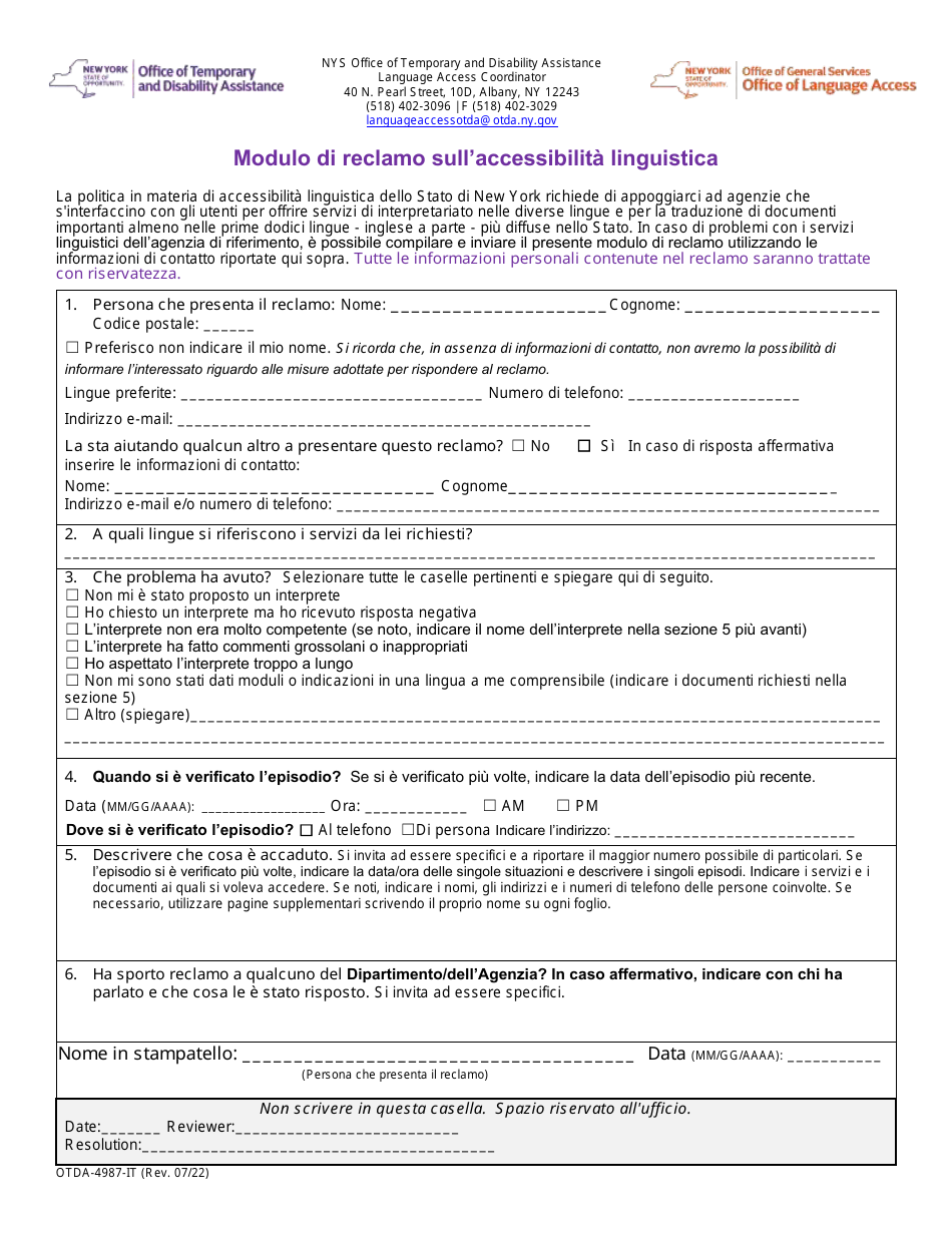 Form OTDA-4987-IT Language Access Complaint Form - New York (Italian), Page 1