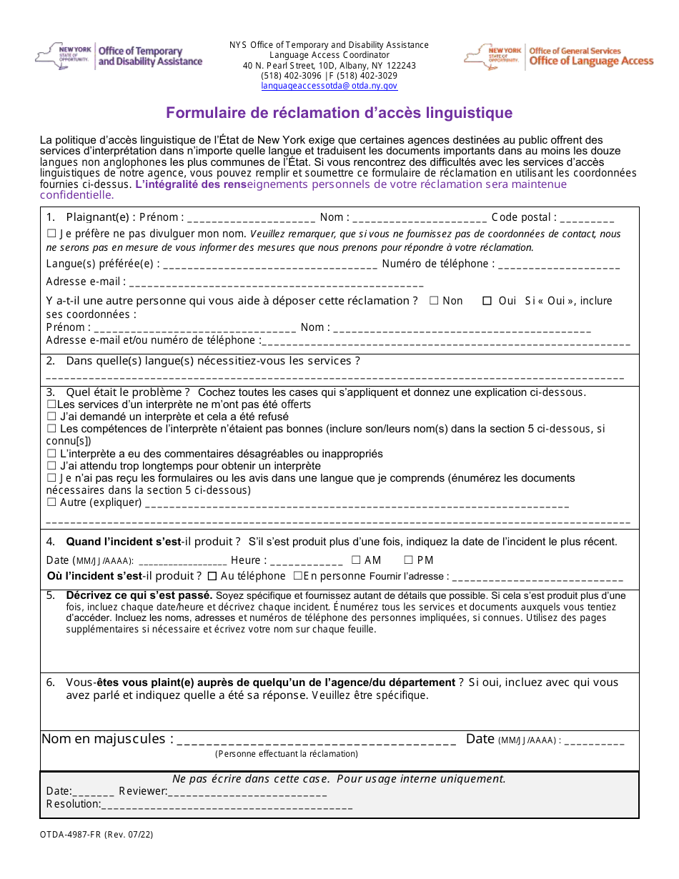 Form OTDA-4987 Language Access Complaint Form - New York (French), Page 1