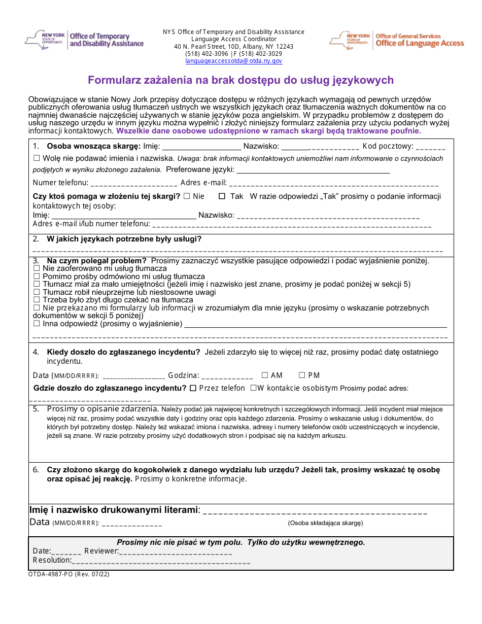 Form OTDA-4987 Language Access Complaint Form - New York (Polish), Page 1