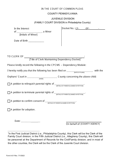 Form A-01 Notice of Orphans Court Petition Filing - Pennsylvania