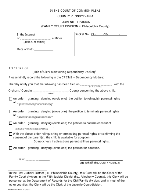 Form A-02 Notice of Orphans Court Order - Pennsylvania