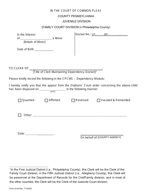 Form A-04 Notice of Orphans Court Appeal Decision - Pennsylvania