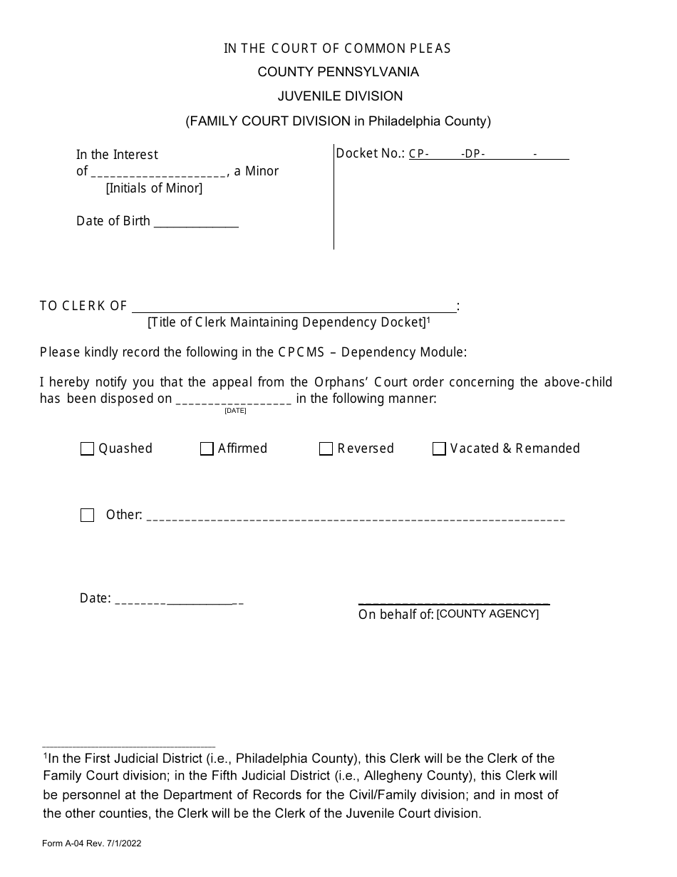 Form A-04 Notice of Orphans Court Appeal Decision - Pennsylvania, Page 1