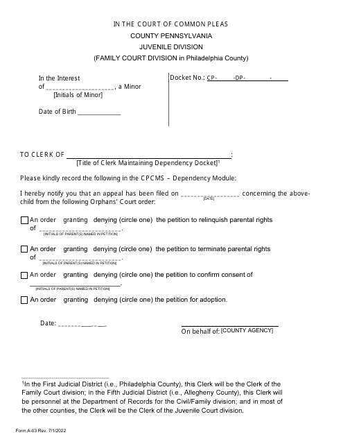 Form A-03 Notice of Orphans Court Appeal Filing - Pennsylvania