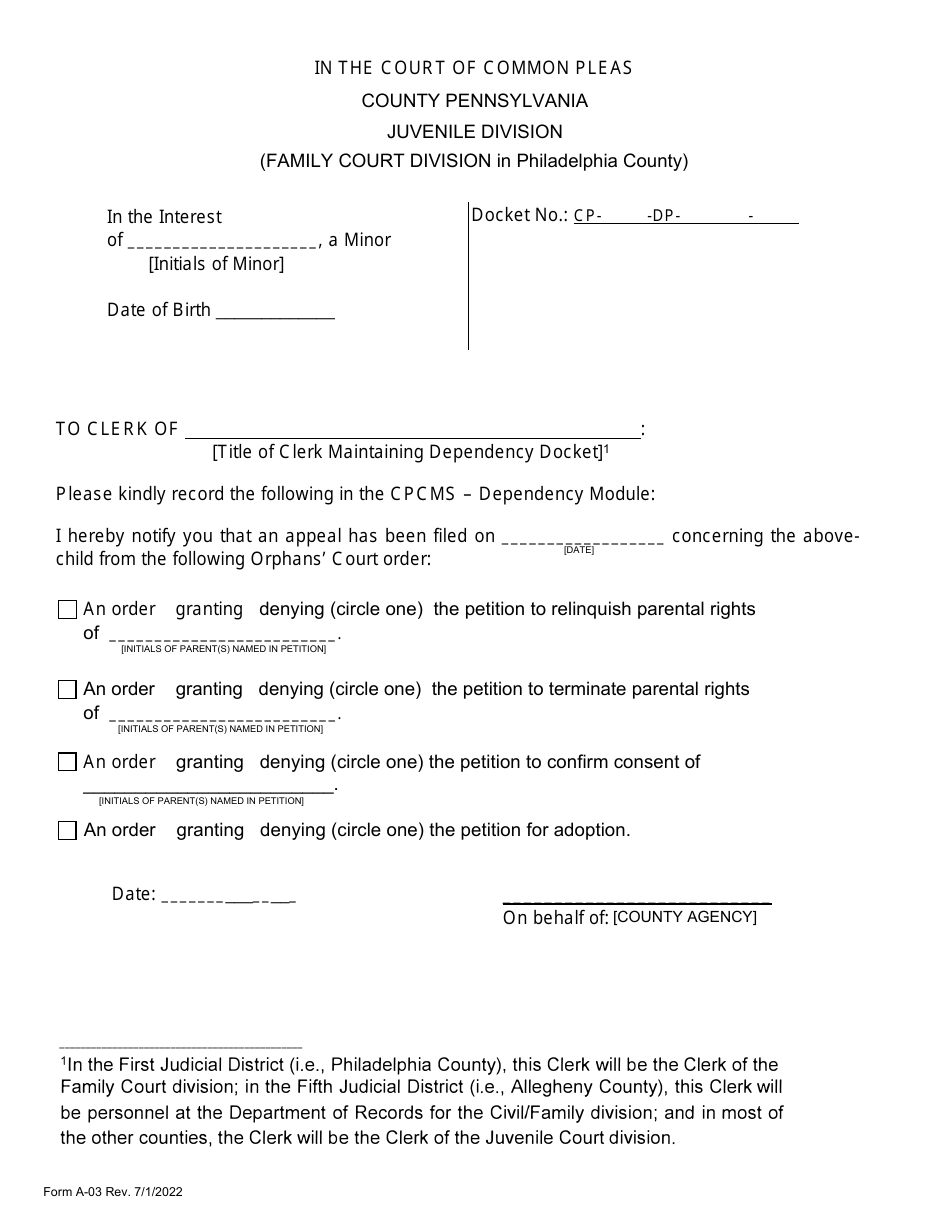 Form A-03 Notice of Orphans Court Appeal Filing - Pennsylvania, Page 1
