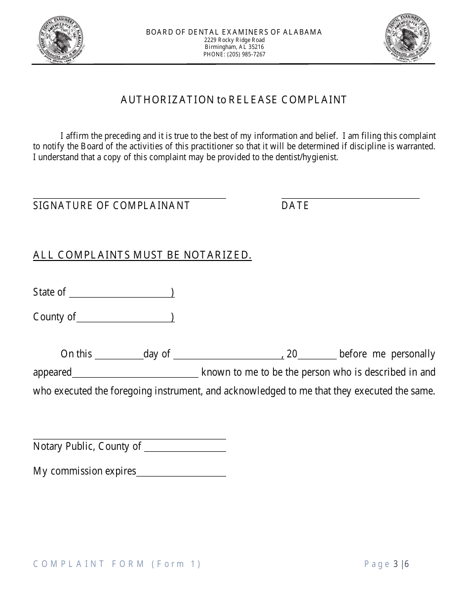 Form 1 Complaint Form - Alabama, Page 3