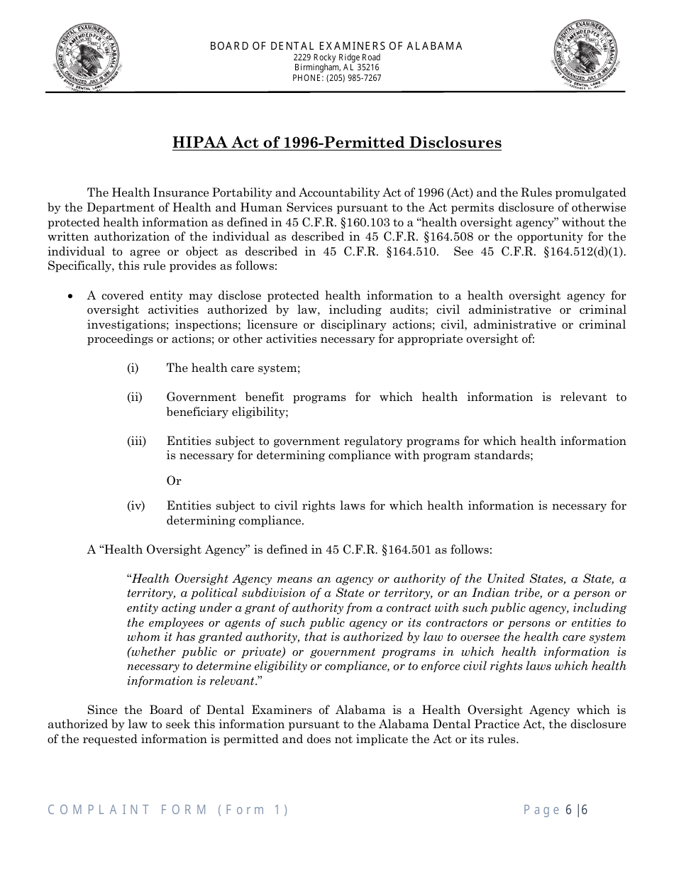 Form 1 Complaint Form - Alabama, Page 6