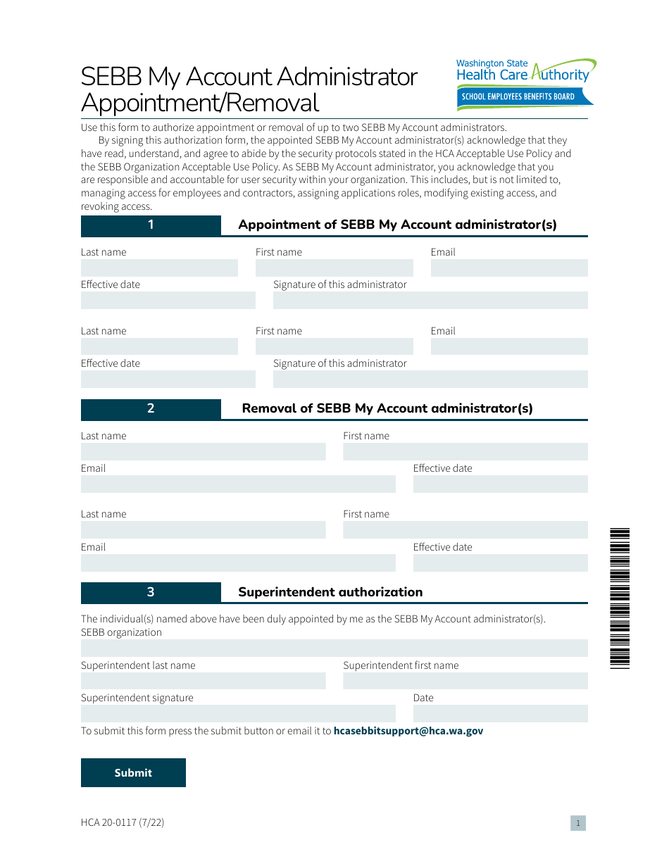 Form HCA20-0117 Sebb My Account Administrator Appointment / Removal - Washington, Page 1