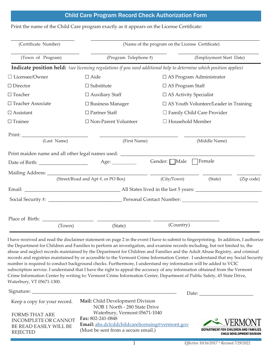 Child Care Program Record Check Authorization Form - Vermont, Page 1