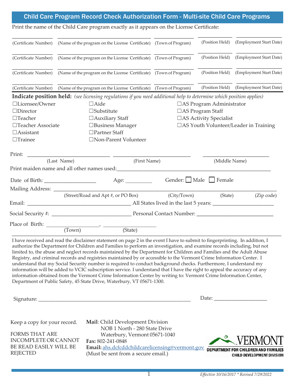 Vermont Child Care Program Record Check Authorization Form MultiSite