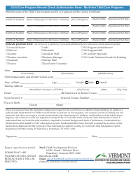 Child Care Program Record Check Authorization Form - Multi-Site Child Care Programs - Vermont