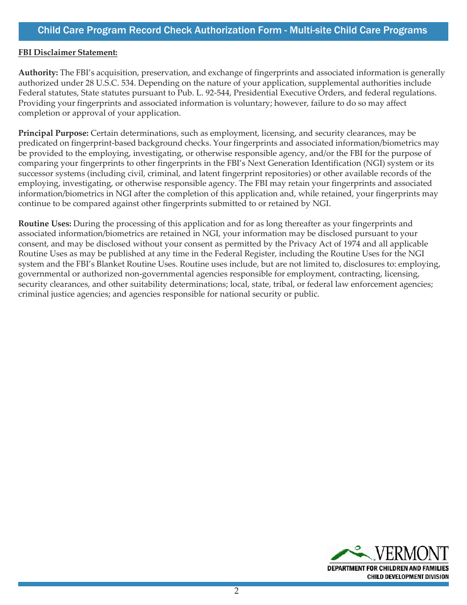 Child Care Program Record Check Authorization Form - Multi-Site Child Care Programs - Vermont, Page 2