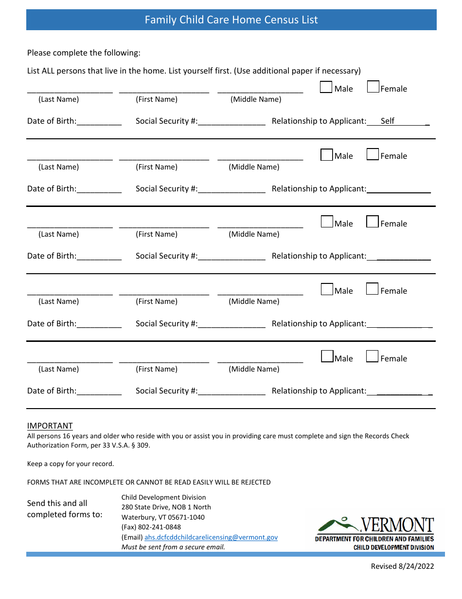 Family Child Care Home Census List - Vermont, Page 1