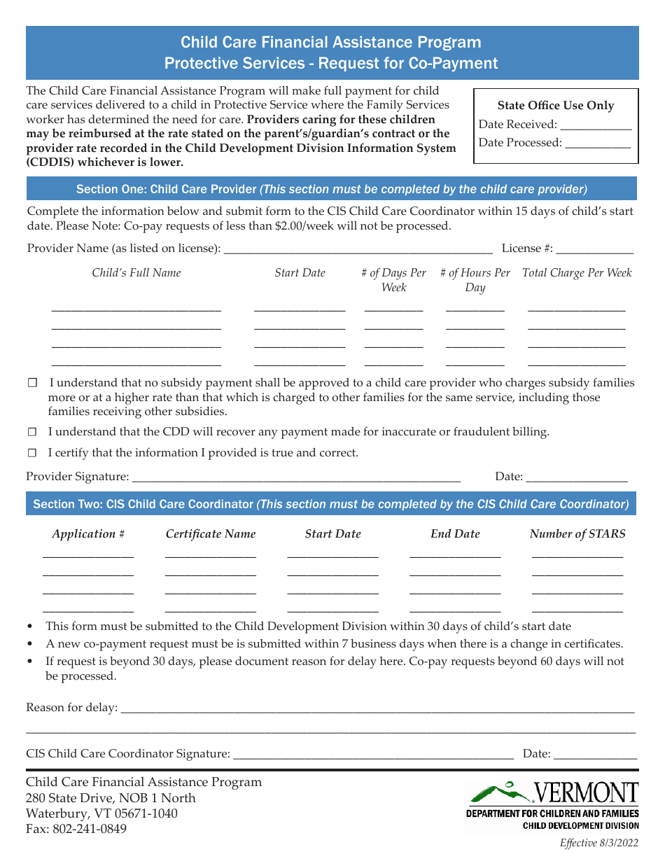 Vermont Protective Services Request for Copayment Child Care