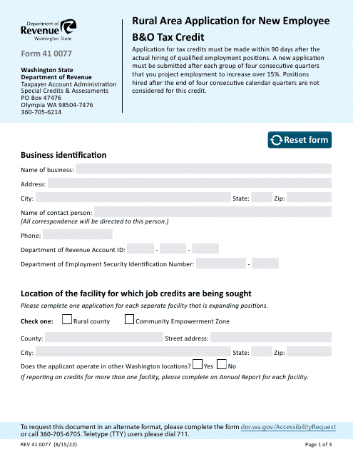 Form REV41 0077 Rural Area Application for New Employee B&o Tax Credit - Washington