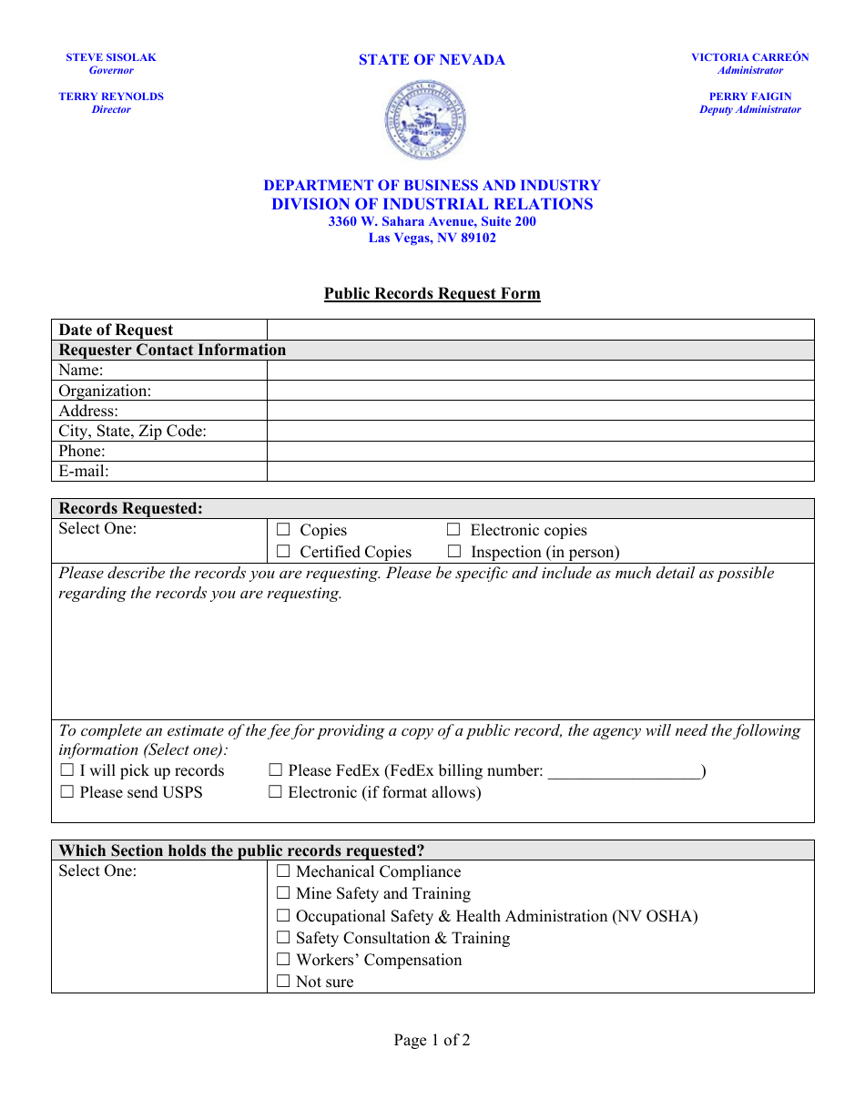 Nevada Public Records Request Form Fill Out, Sign Online and Download PDF Templateroller