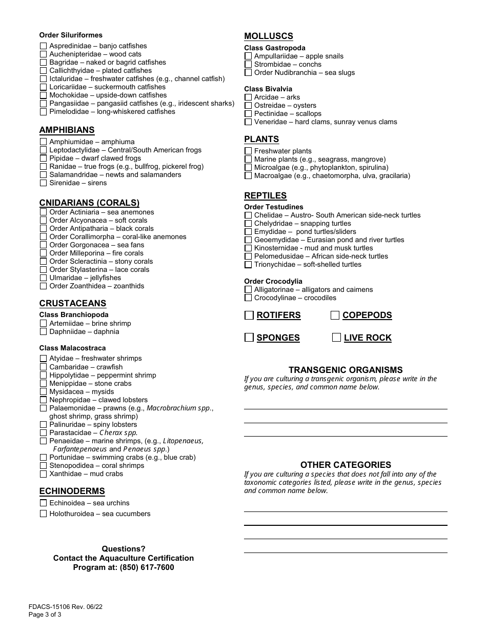 Form FDACS-15106 Aquaculture Certificate of Registration Application - Florida, Page 3