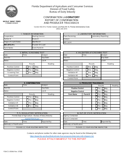 Form FDACS-05066 Confirmation Laboratory Report of Confirmation and Producer Traceback - Florida