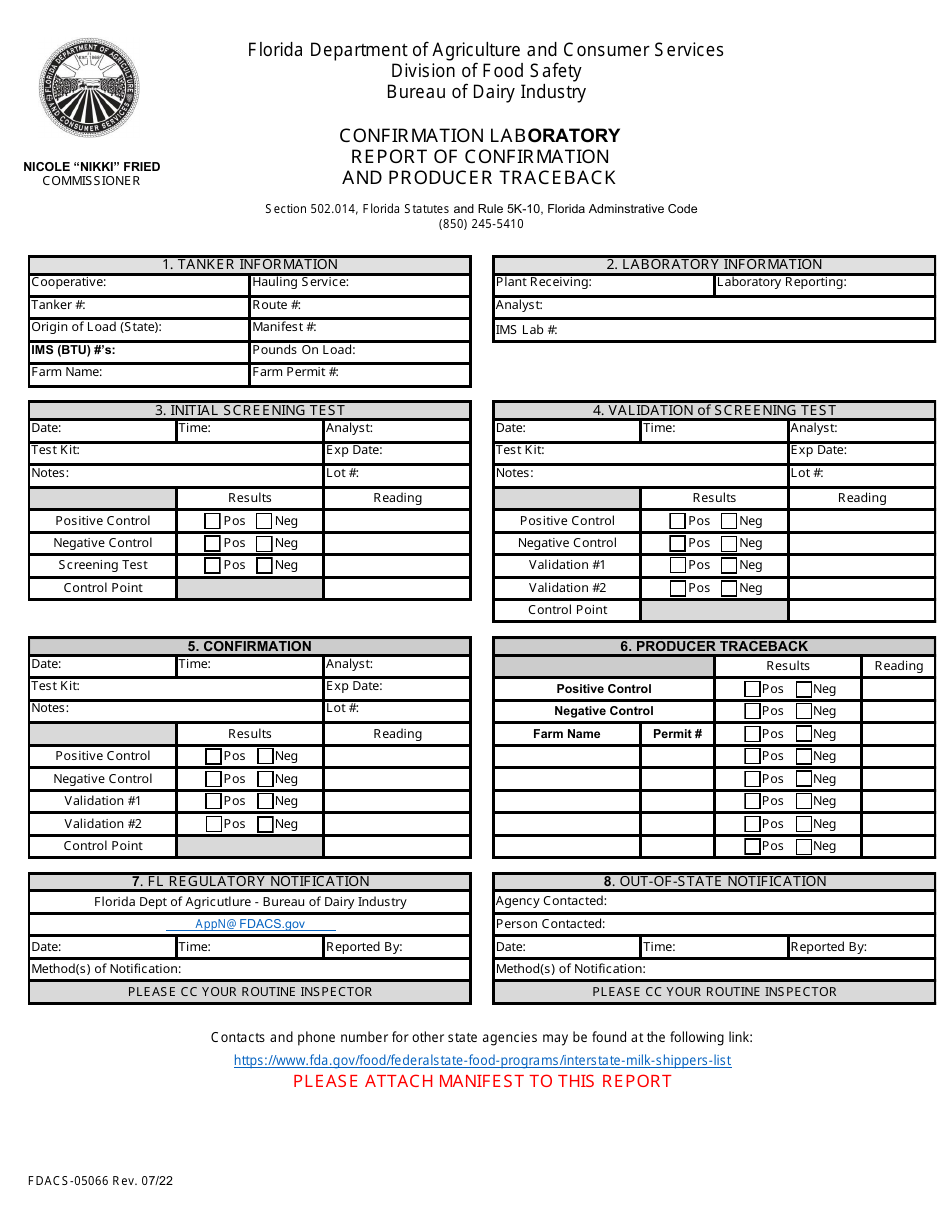 Form FDACS-05066 Confirmation Laboratory Report of Confirmation and Producer Traceback - Florida, Page 1