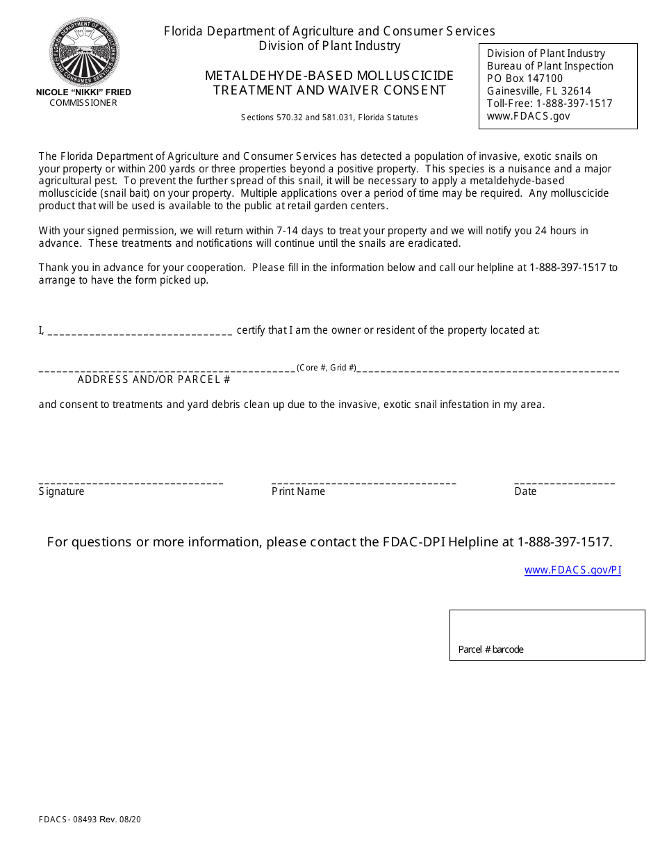 Form FDACS-08493 Metaldehyde-Based Molluscicide Treatment and Waiver Consent - Florida, Page 1
