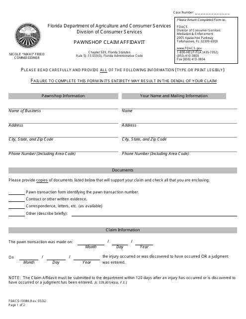 Form FDACS-10986  Printable Pdf