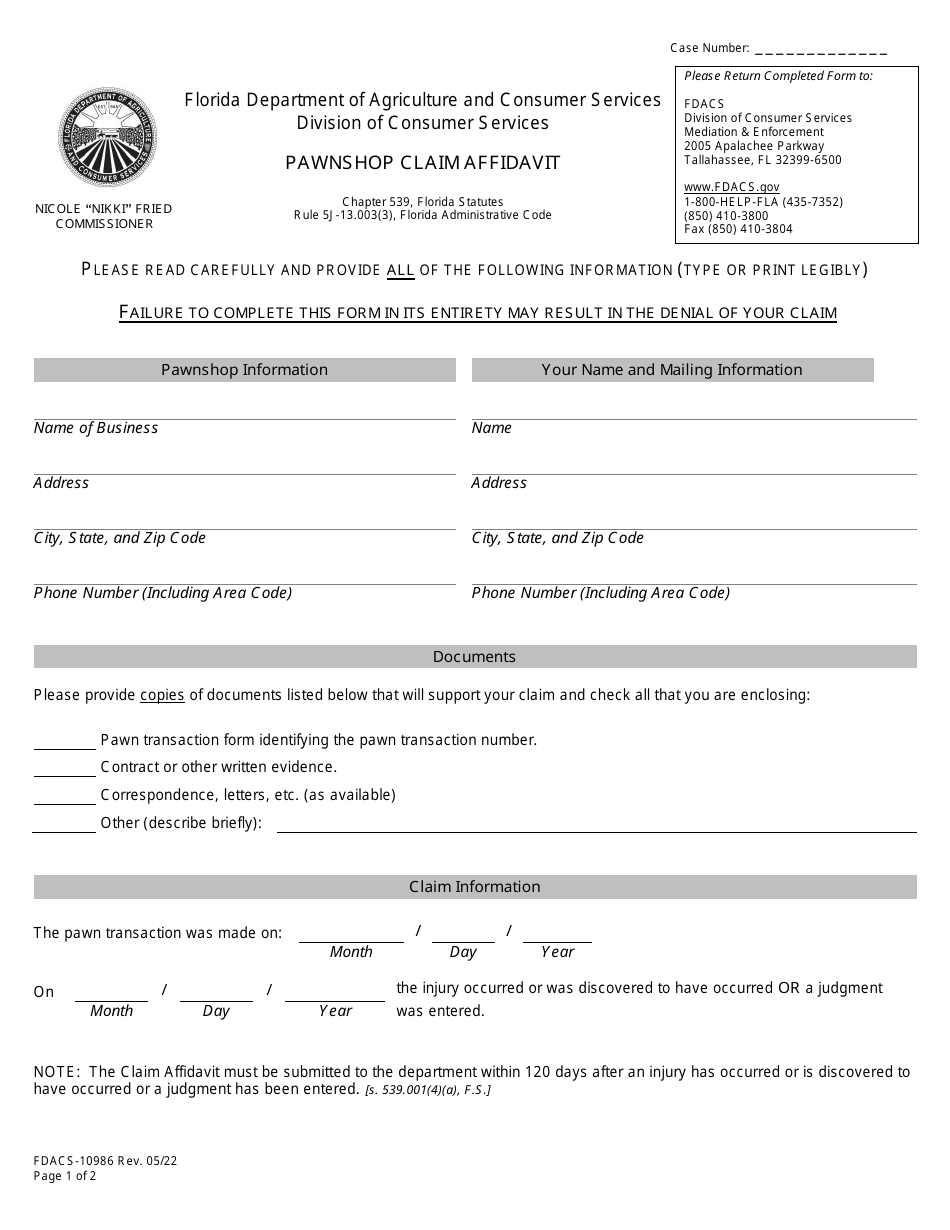 Form FDACS-10986 Pawnshop Claim Affidavit - Florida, Page 1