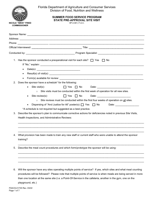 Form FDACS-01735  Printable Pdf