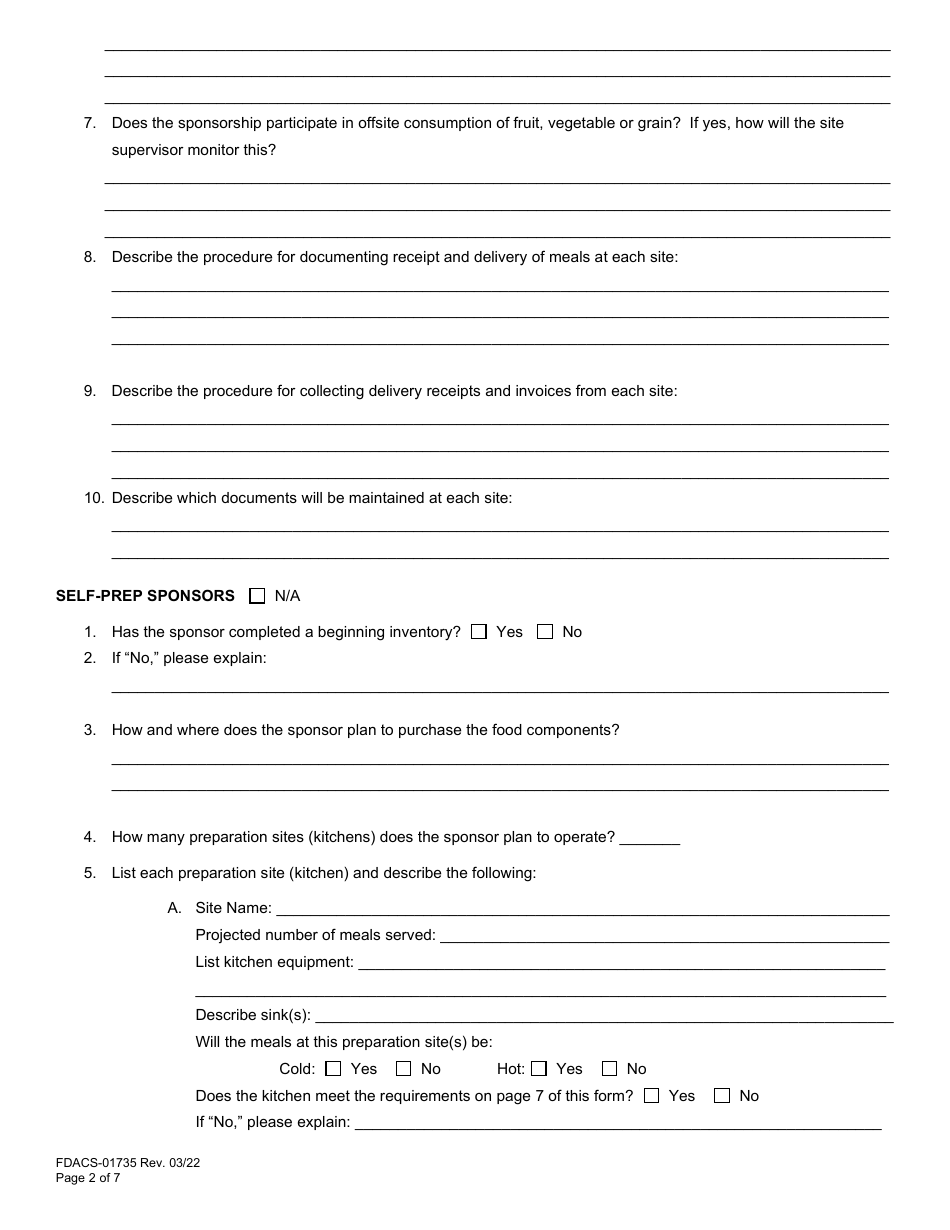 Form FDACS-01735 State Pre-approval Site Visit - Summer Food Service Program - Florida, Page 2