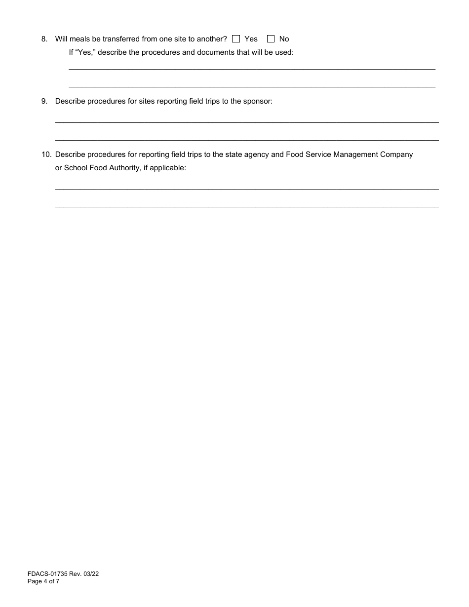 Form FDACS-01735 State Pre-approval Site Visit - Summer Food Service Program - Florida, Page 4