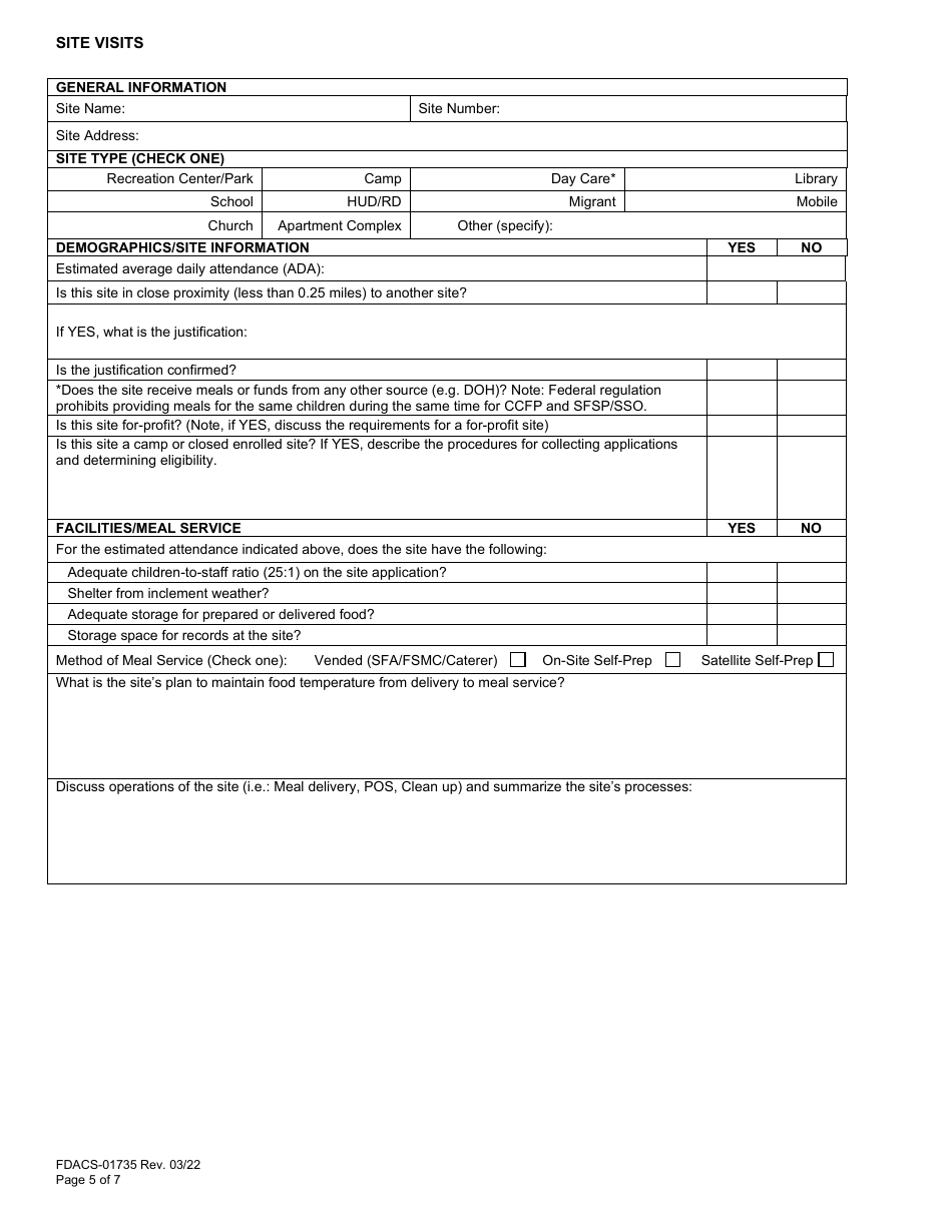 Form FDACS-01735 State Pre-approval Site Visit - Summer Food Service Program - Florida, Page 5