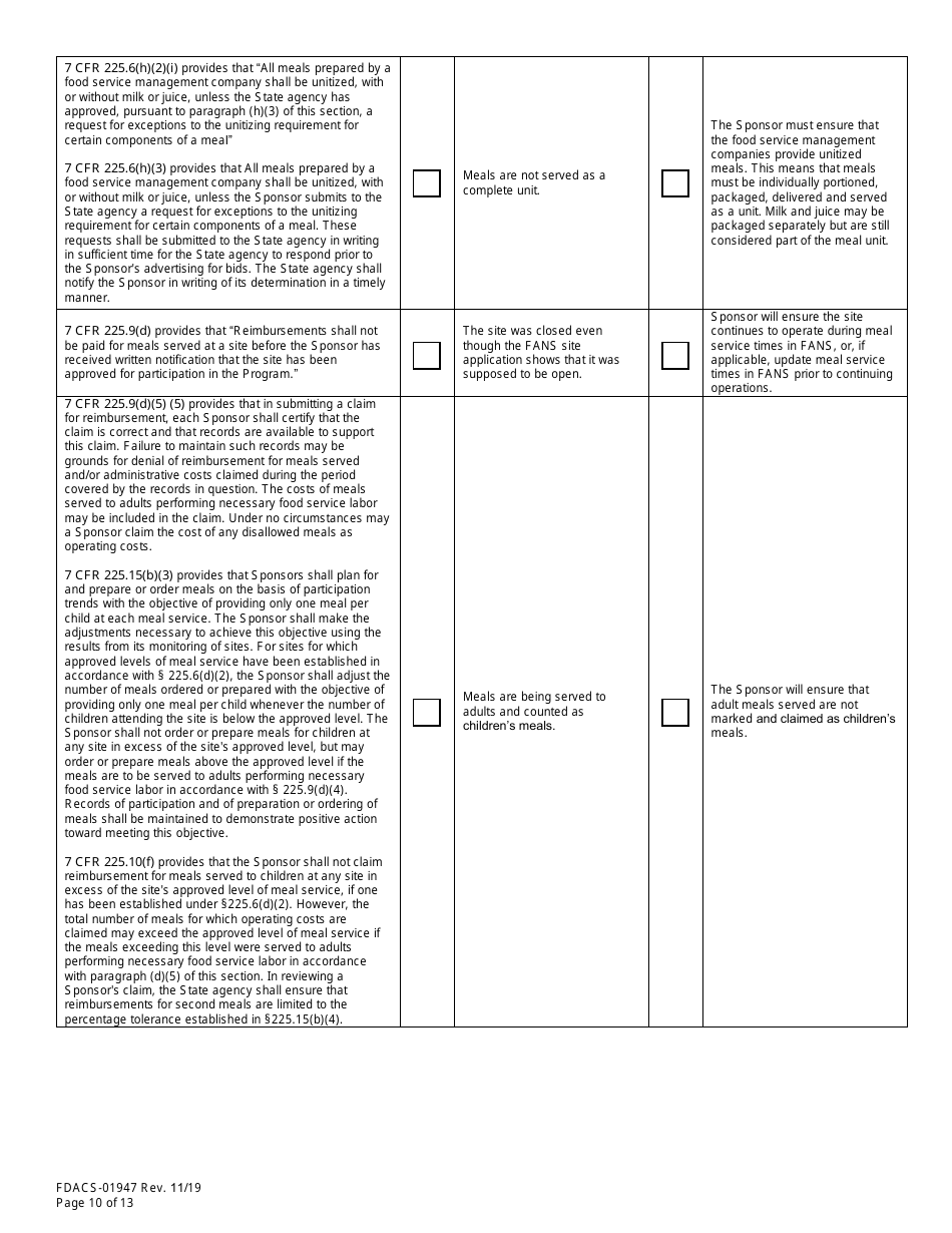 Form FDACS-01947 State Site Review - Summer Food Service Programs - Florida, Page 10