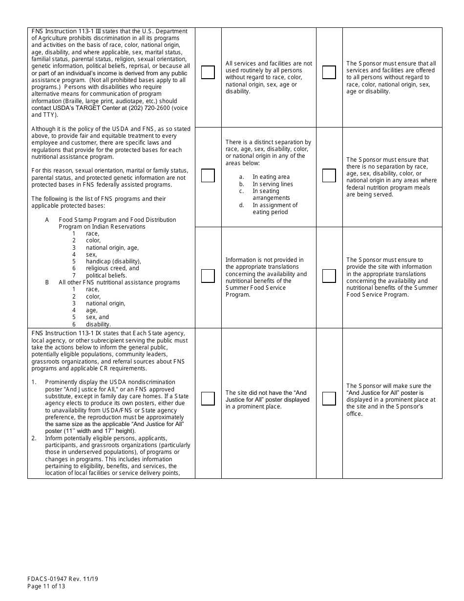 Form FDACS-01947 State Site Review - Summer Food Service Programs - Florida, Page 11