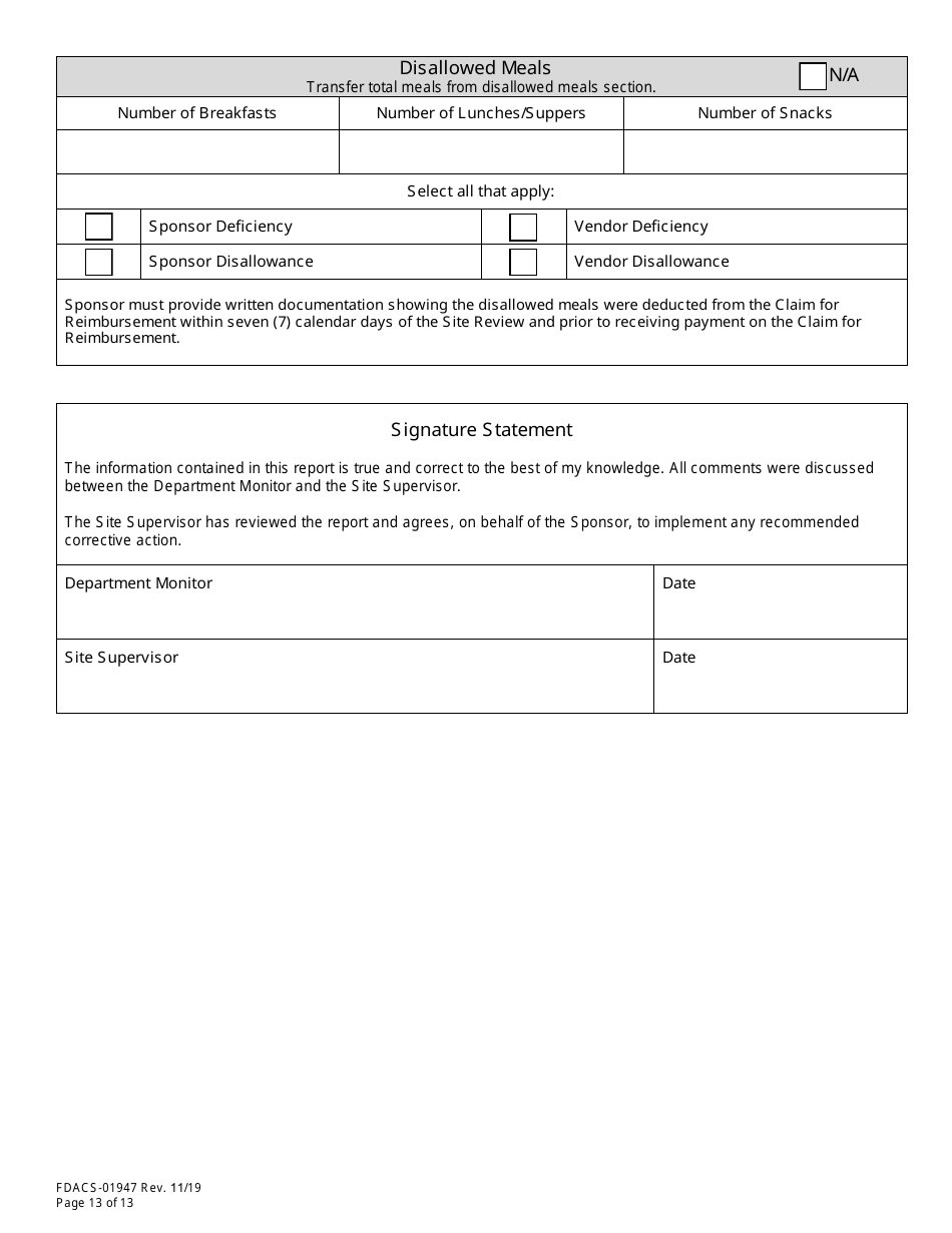 Form FDACS-01947 State Site Review - Summer Food Service Programs - Florida, Page 13