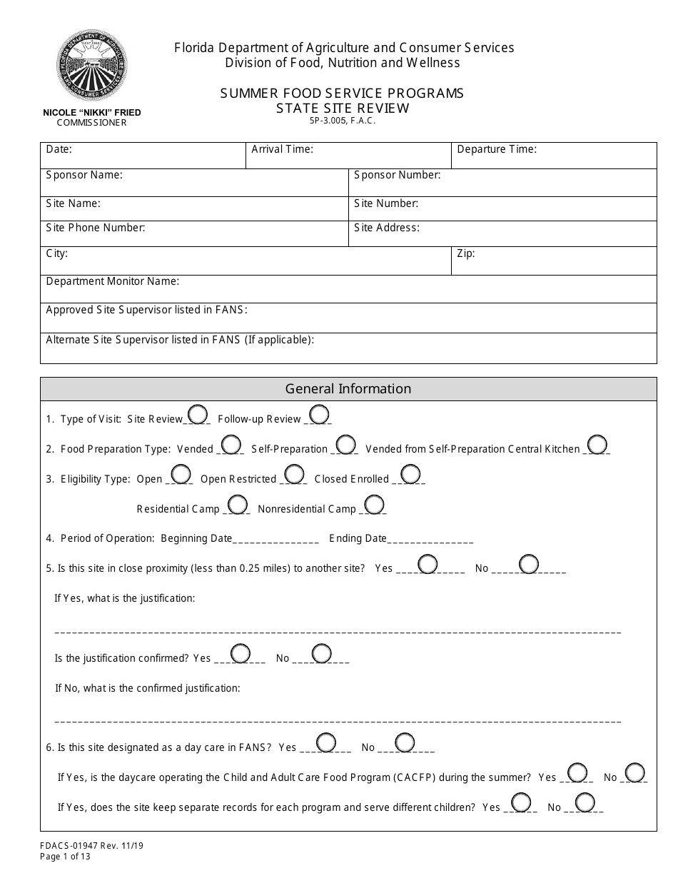 Form FDACS-01947 State Site Review - Summer Food Service Programs - Florida, Page 1