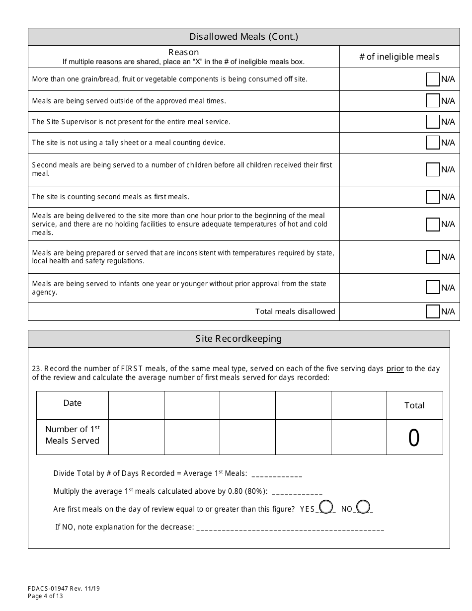 Form FDACS-01947 State Site Review - Summer Food Service Programs - Florida, Page 4