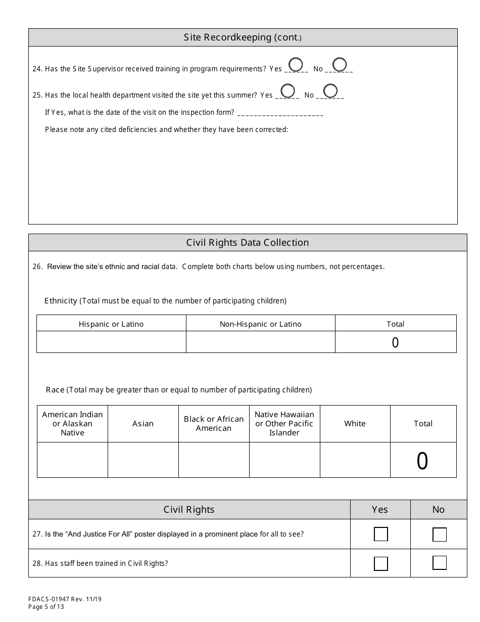 Form FDACS-01947 State Site Review - Summer Food Service Programs - Florida, Page 5