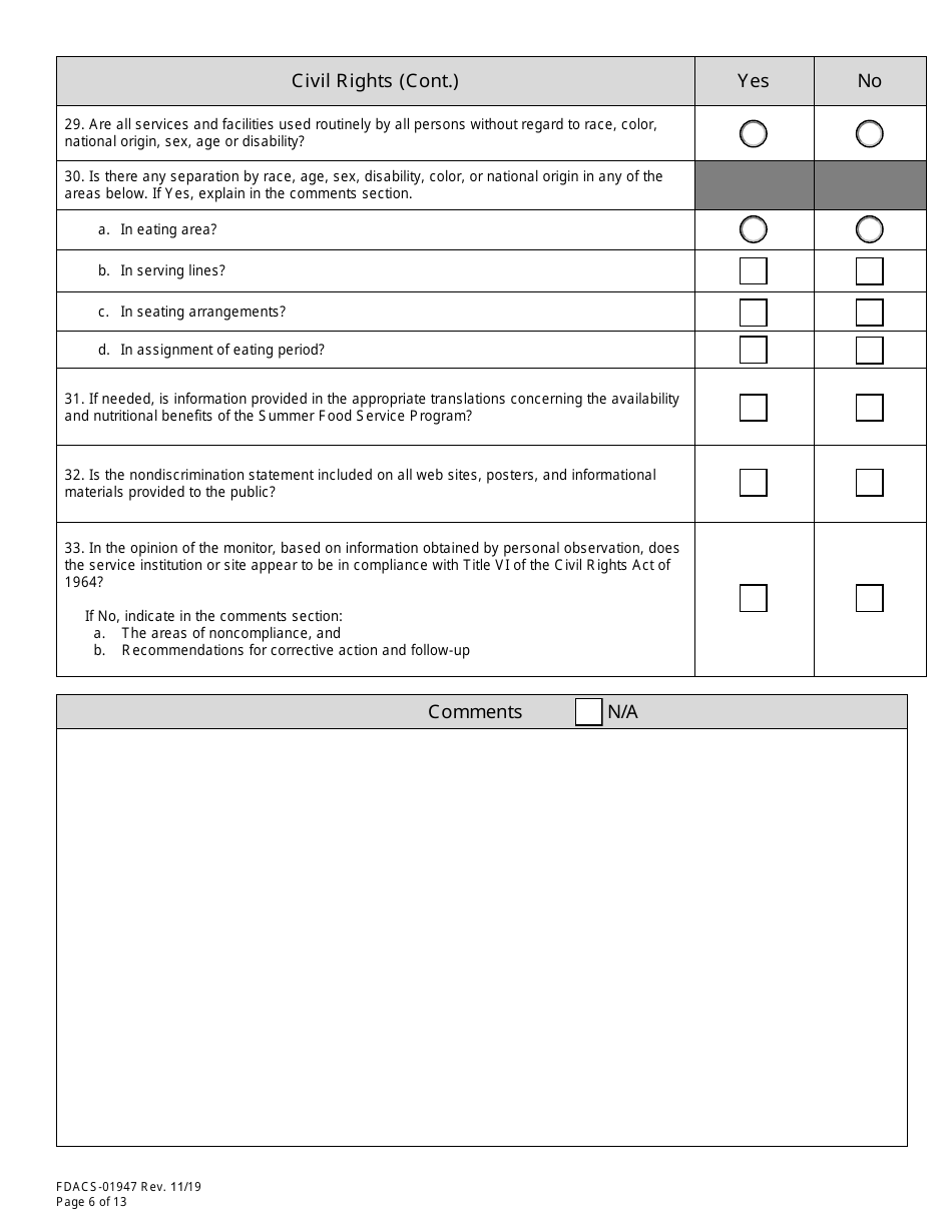 Form FDACS-01947 State Site Review - Summer Food Service Programs - Florida, Page 6