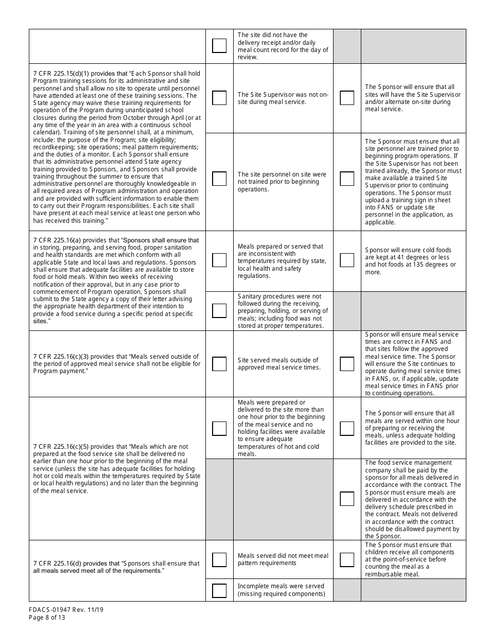 Form FDACS-01947 State Site Review - Summer Food Service Programs - Florida, Page 8