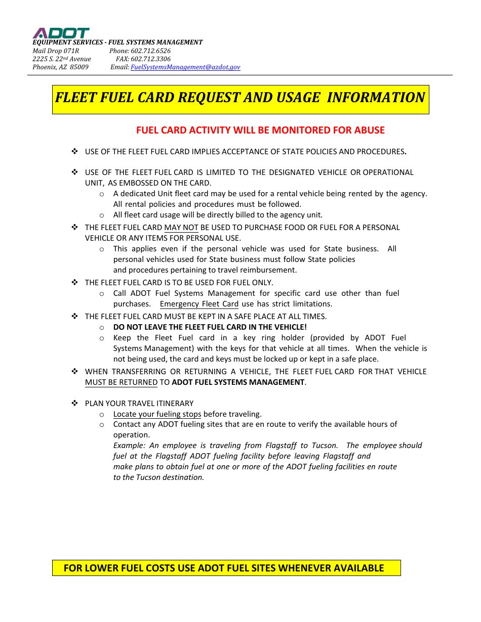 Form FSM011 Fleet Fuel Card Application - Arizona, Page 1