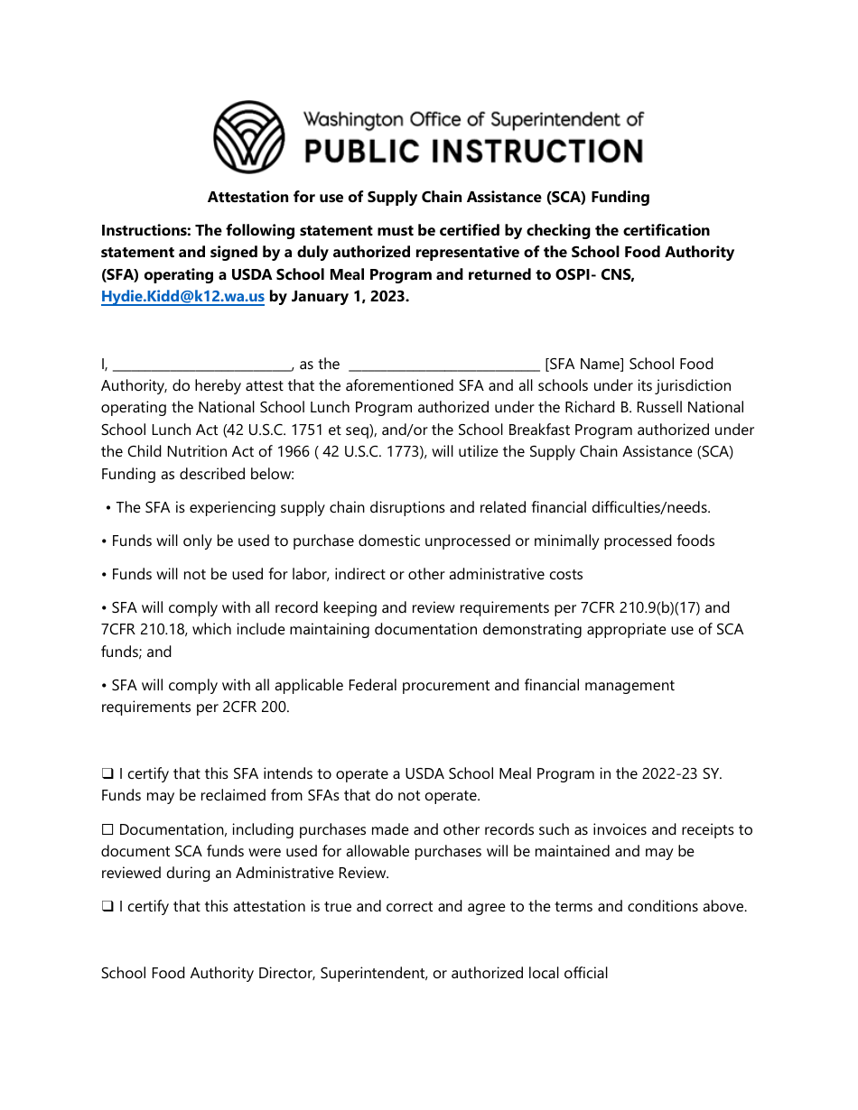 Attestation for Use of Supply Chain Assistance (Sca) Funding - Washington, Page 1