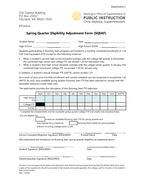 Attachment C Spring Quarter Eligibility Adjustment Form (Sqeaf) - Washington